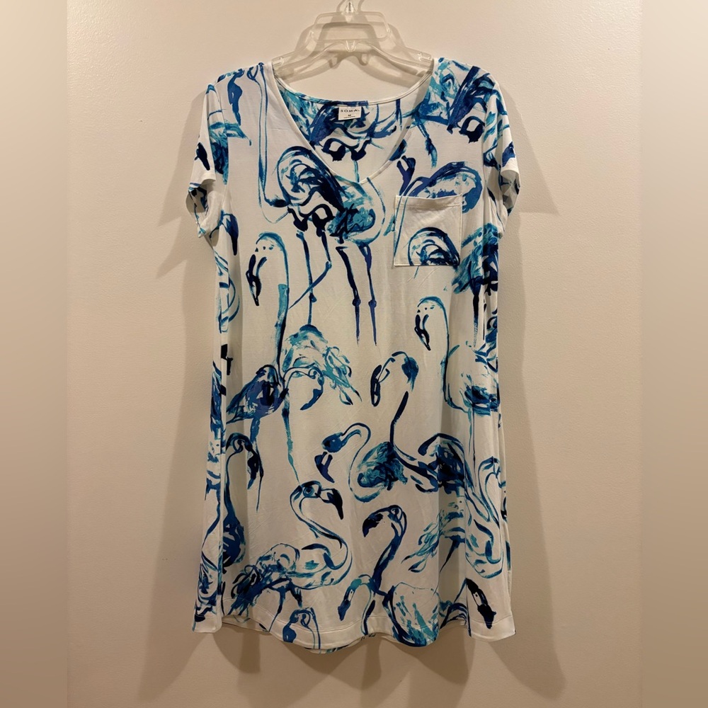 Soma M S Sleeve Blue Flamingo Print Nightgown NWT